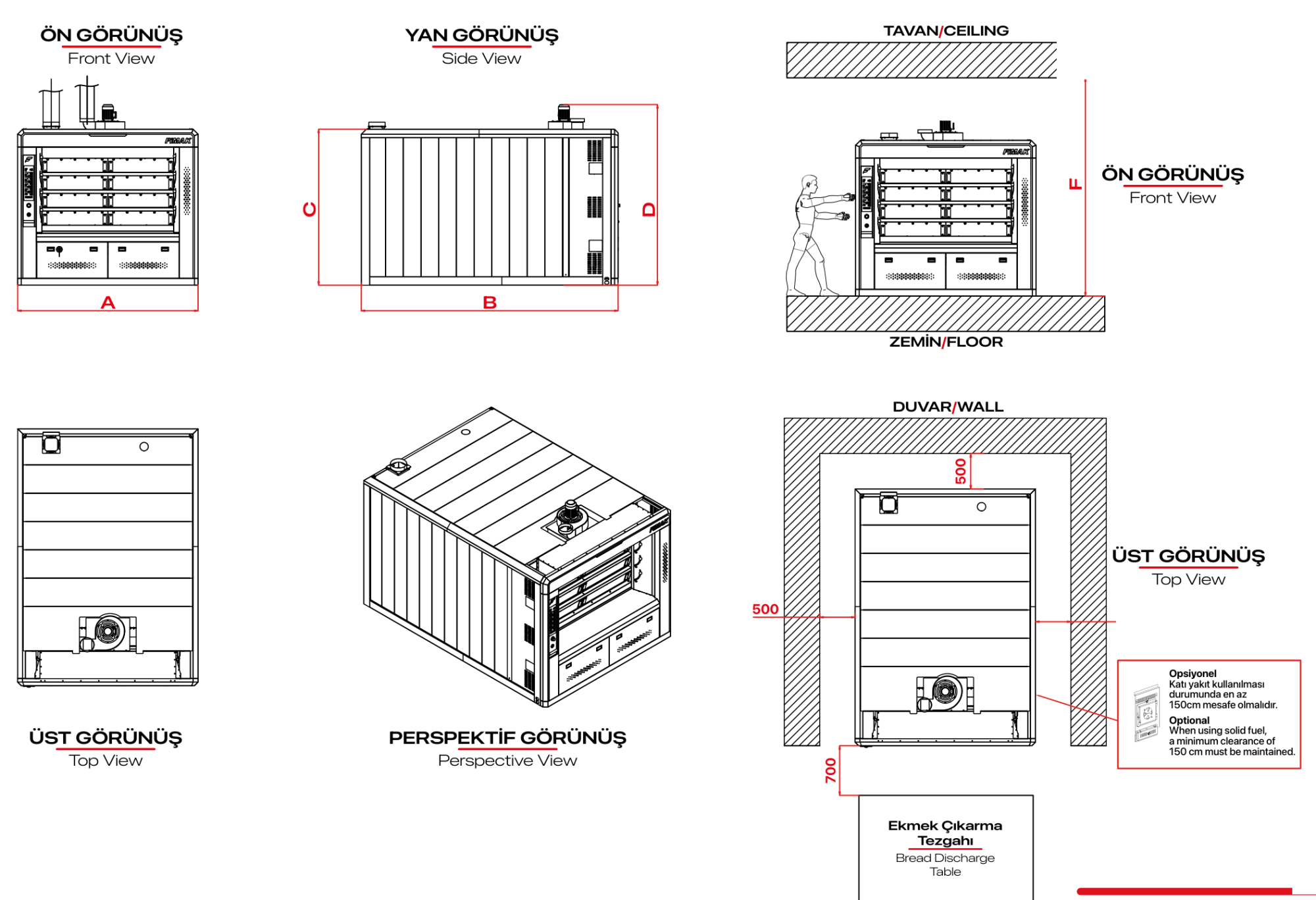 Borulu Katlı Fırın — Technical drawing and installation dimensions